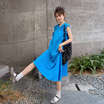 【ワンピース】韓国風 無地ルーズ ノースリーブワンピース 夏 抽紐デザイン ビーチリゾートロングドレス【JZシリーズ】