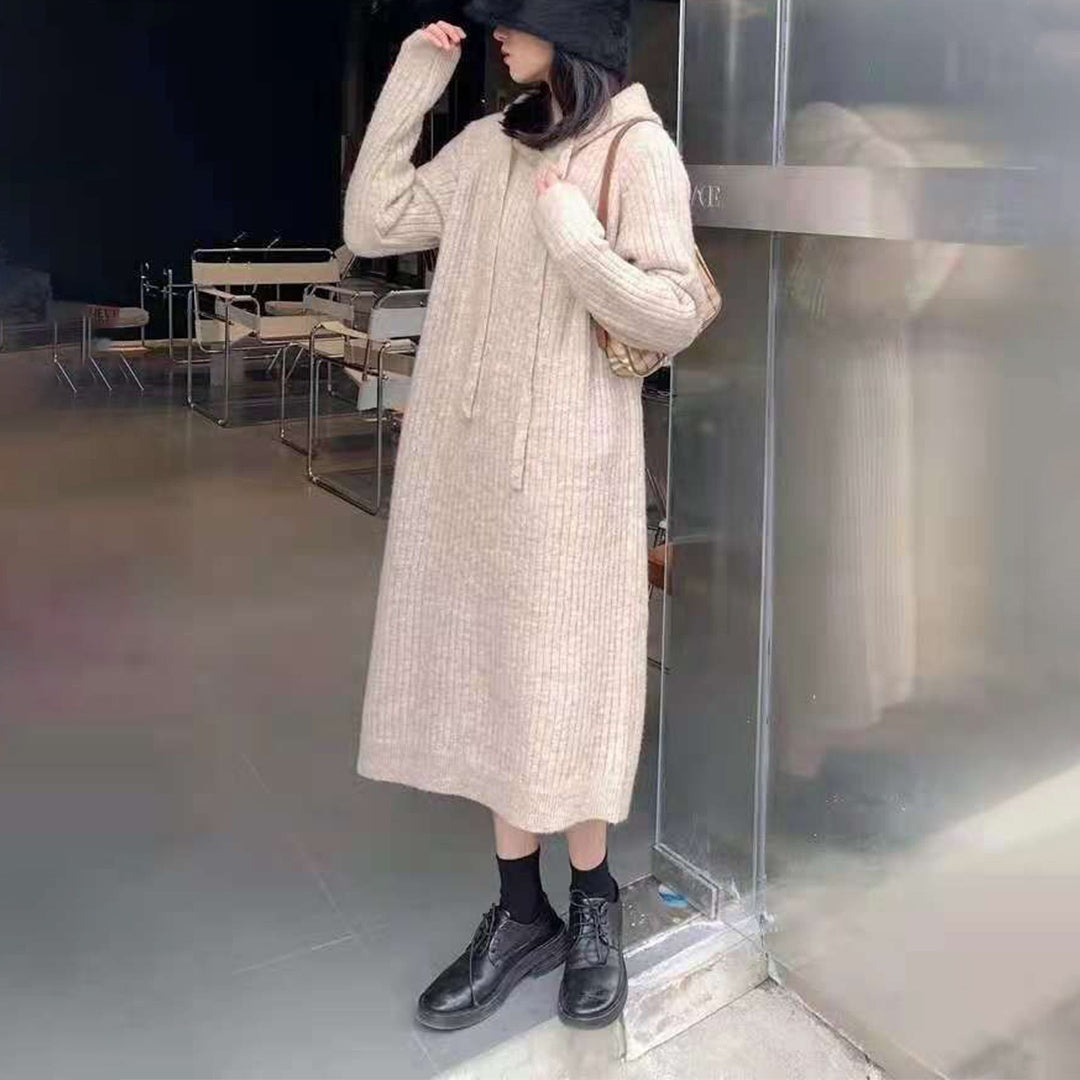 【24AW】【ワンピース】無地 フード付き ゆったり カジュアル 長袖ワンピース