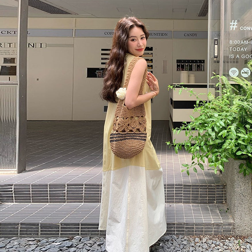 【ワンピース】切り替え ライトイエロー ノースリーブ タンクワンピース レディース 夏 ゆったり スタイルアップ ロング丈【JZシリーズ】