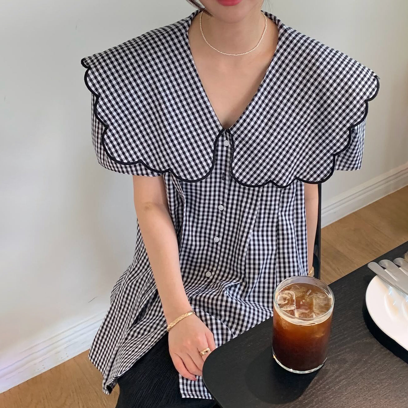 【トップス】韓国風 刺繍ビッグカラーチェックブラウス レディース 大人可愛い 襟付き ゆったり シルエット カジュアル【JZシリーズ】