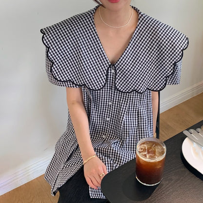 【トップス】韓国風 刺繍ビッグカラーチェックブラウス レディース 大人可愛い 襟付き ゆったり シルエット カジュアル【JZシリーズ】