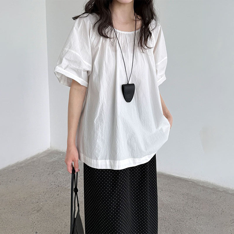 【トップス】韓国風 夏新作 ギャザー×バックオープン デザイン感ラウンドネック半袖ブラウス【SNシリーズ】