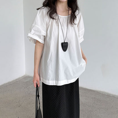 【トップス】韓国風 夏新作 ギャザー×バックオープン デザイン感ラウンドネック半袖ブラウス【SNシリーズ】