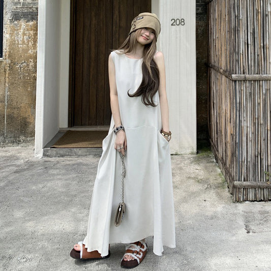 【ワンピース】気質 大きめポケット デザイン性 スタイルアップ 体型カバー ノースリーブ タンクワンピース