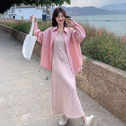 2点セット！【セットアップ】後ろリボンシャツ＋ピンクボーダー ニットノースリーブワンピース 2点セット 春秋 韓国系 おしゃれ可愛い レディースコーデ【SHシリーズ】