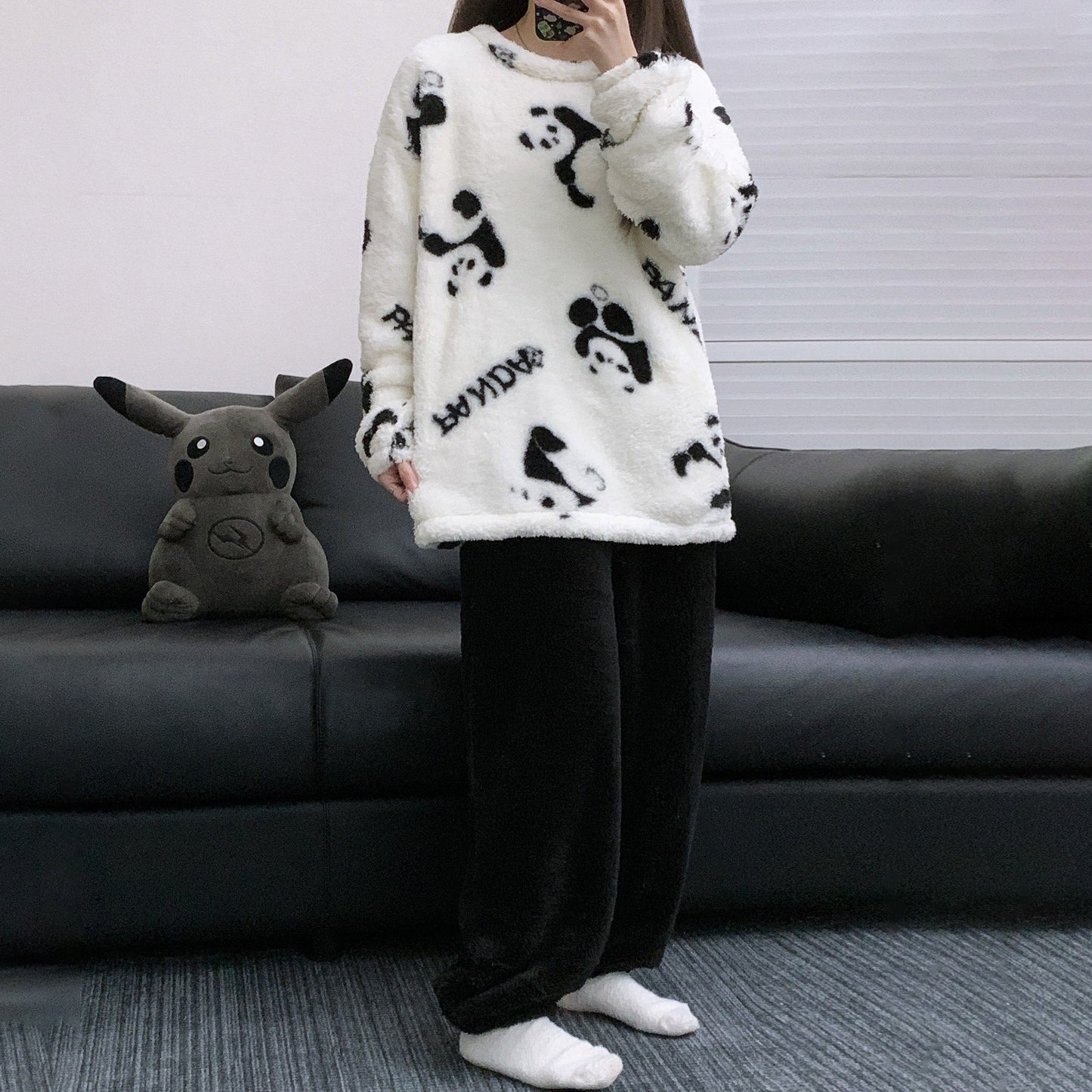 【インナー】パンダ柄 コーラルフリース ペア対応 厚手 保温 フランネル ルームウェア レディース/メンズ