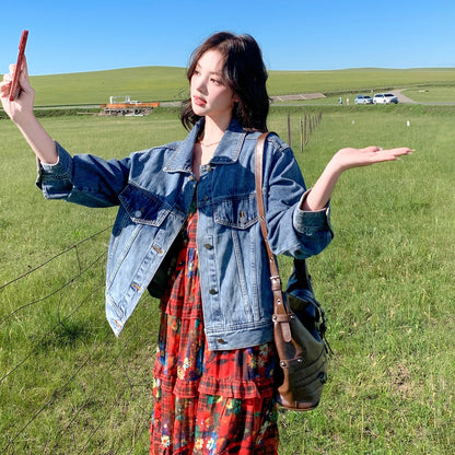 【セットアップ 】レトロデニムジャケット＋花柄キャミワンピース レディース 春秋 上品 可愛いノースリーブワンピース 人気2点セット【SHシリーズ】