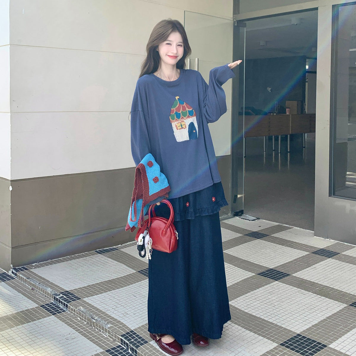 3点セット！【セットアップ】韓国風レトロニットベスト×トップス×ワイドデニムパンツセット レディース 秋コーデ 体型カバー ゆるかわ3点セット【JZシリーズ】