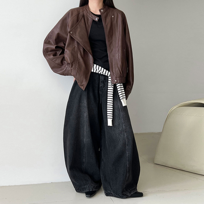 【アウター】韓系ハイエンド感 バイカージャケット レディース 秋新作 ゆったりショート丈 PUレザージャケット【SNシリーズ】