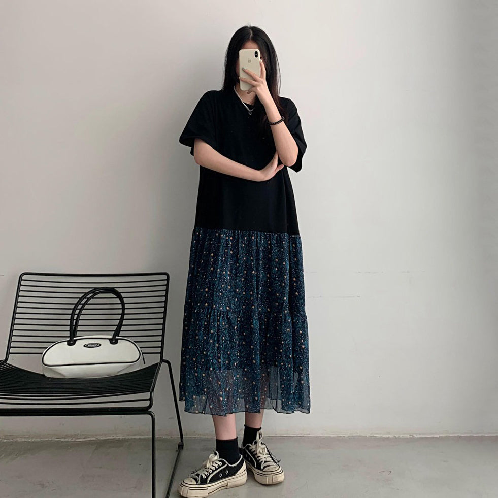 【ワンピース】大きいサイズ レディース 花柄フェイクレイヤードワンピース 夏 切替デザイン Aライン 半袖 ロングワンピース 体型カバー 着痩せ【JZシリーズ】