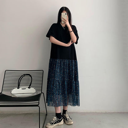【ワンピース】大きいサイズ レディース 花柄フェイクレイヤードワンピース 夏 切替デザイン Aライン 半袖 ロングワンピース 体型カバー 着痩せ【JZシリーズ】