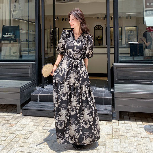 【ワンピース】フレンチ風 花柄 半袖ワンピース レディース 夏 パフスリーブ ティードレス ロング丈【SHシリーズ】