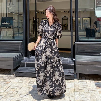 【ワンピース】フレンチ風 花柄 半袖ワンピース レディース 夏 パフスリーブ ティードレス ロング丈【SHシリーズ】