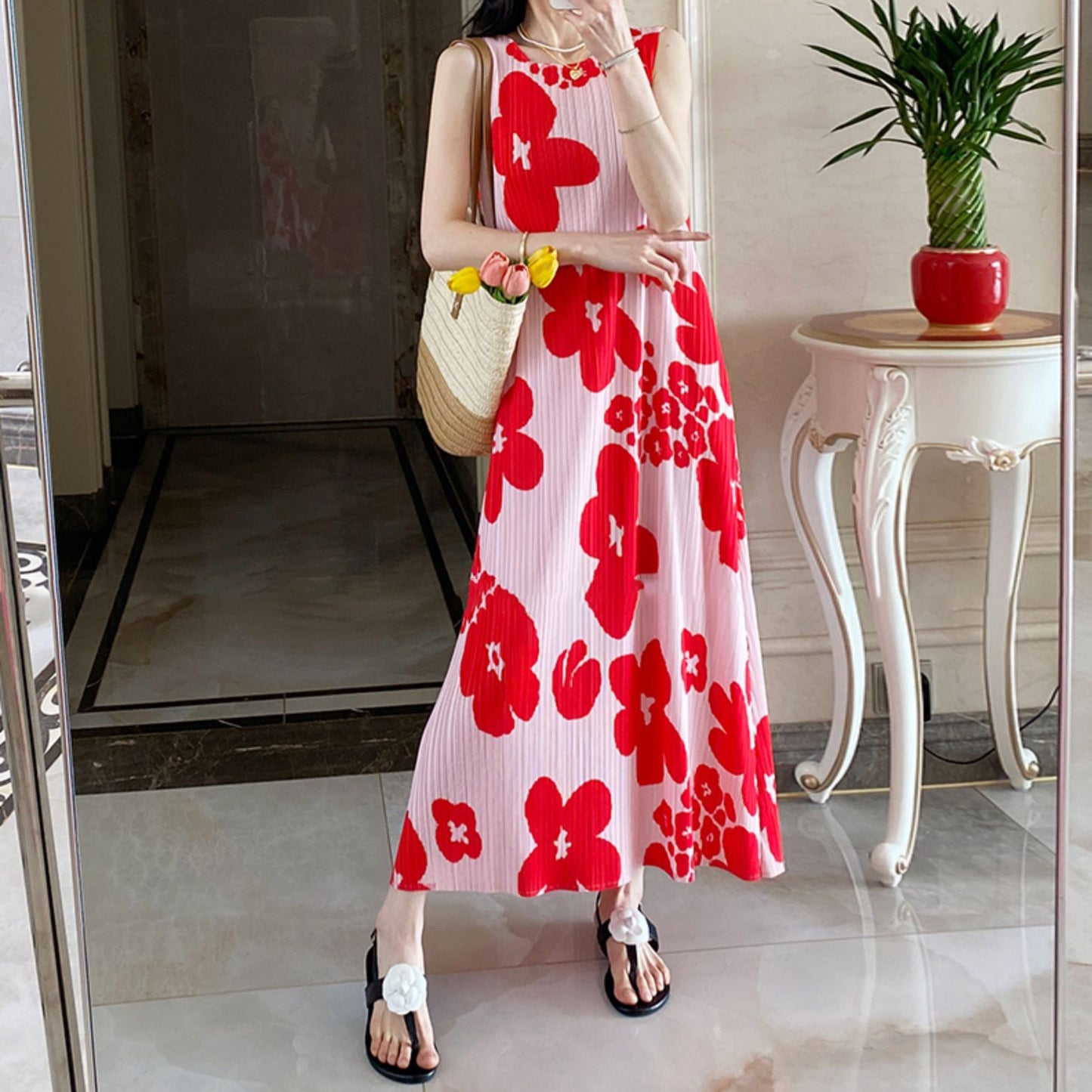 【ワンピース】フレンチ 海辺リゾート ビーチ プリーツプリント ノースリーブワンピース【SHシリーズ】