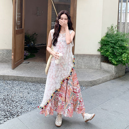 2点セット！【セットアップ】ボヘミアンレース刺繍シアーカーデ＋花柄ノースリーブワンピース レイヤード風上下セット【SHシリーズ】