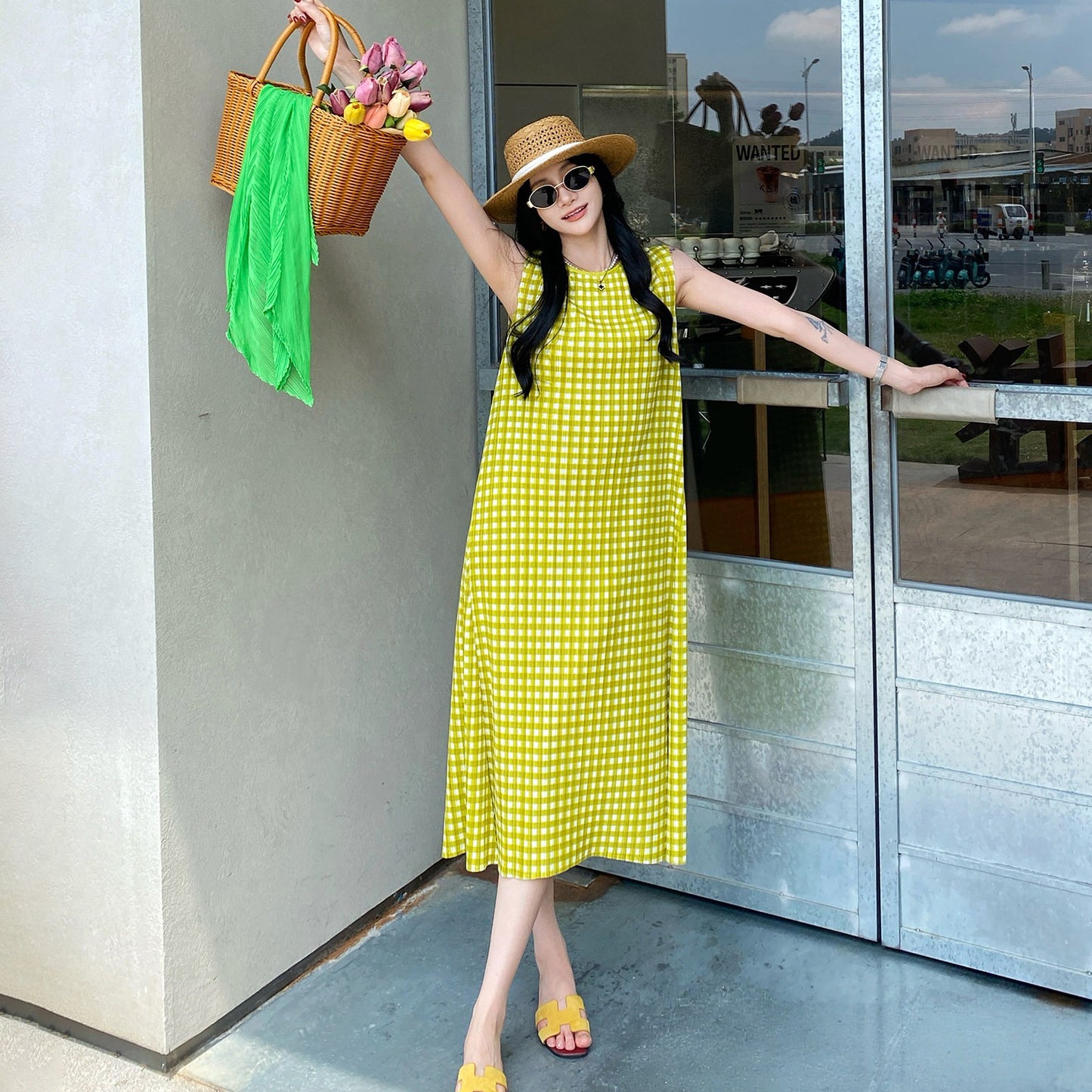 【ワンピース】韓国風 チェック柄ノースリーブワンピース レディース Aライン 着痩せ 体型カバー 夏ワンピース【SHシリーズ】