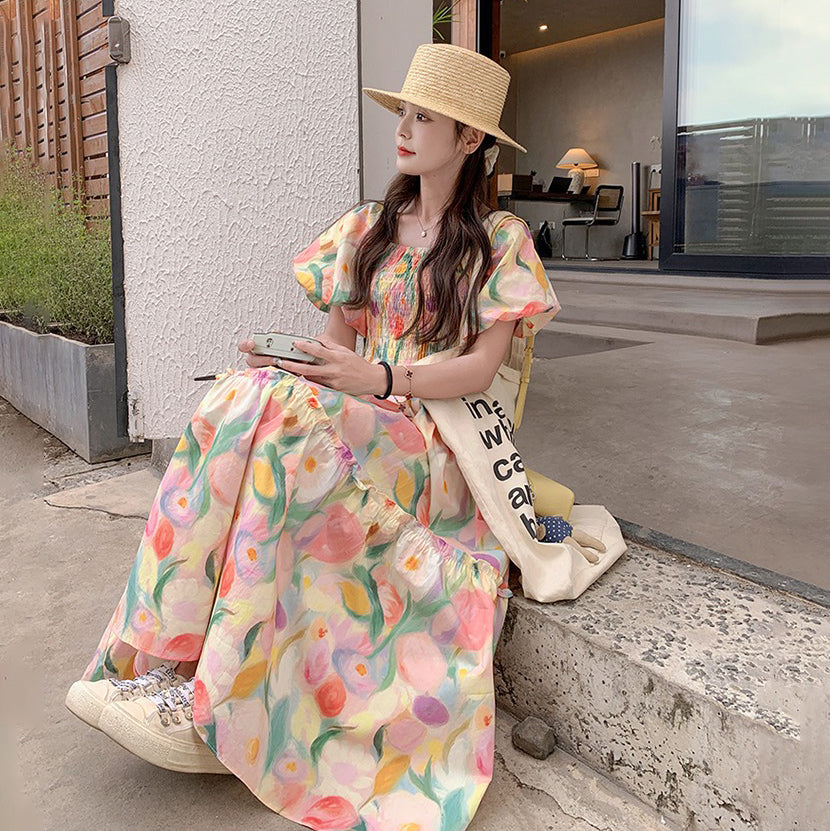 【ワンピース】夏新作 ドーパミン配色トレンド 小花柄 パフスリーブ 半袖ワンピース【SHシリーズ】