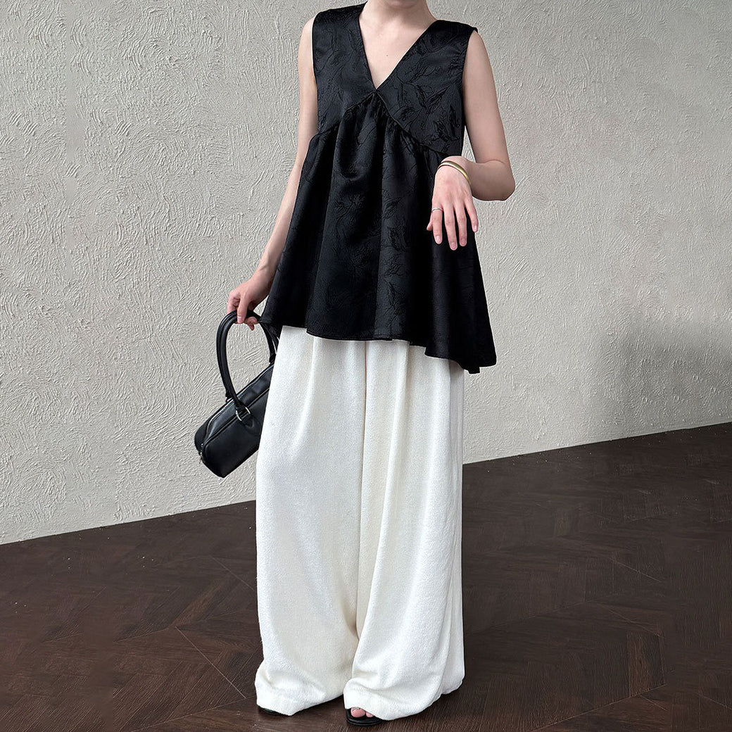 【トップス】重工サテン刺繍 Vネック ベスト 夏 高級感 ノースリーブシャツ【SNシリーズ】