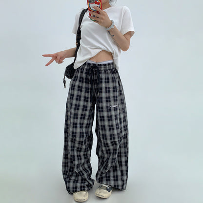 【ボトムス】アメリカン ヴィンテージ風 リラックス 感のある 薄手 チェック柄 ストレート ワイド パンツ【FCシリーズ】