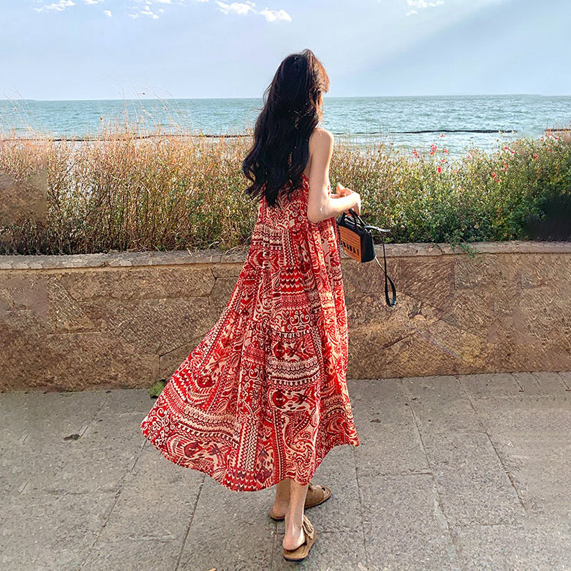 【ワンピース】ボヘミアン風 Vネックロングキャミワンピース 海辺リゾート映え 夏新作 ノースリーブワンピース【SHシリーズ】