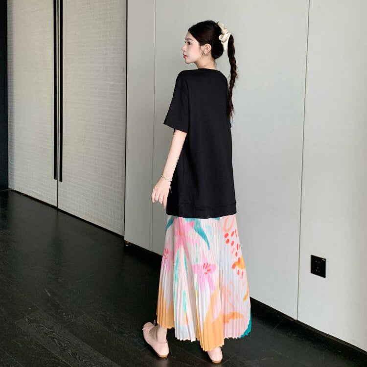 【ワンピース】ゆるっと着るだけで細見え✨大きいサイズ ロングワンピース 半袖 プリーツ裾 切り替えデザイン リゾート風 夏ワンピ【SHシリーズ】