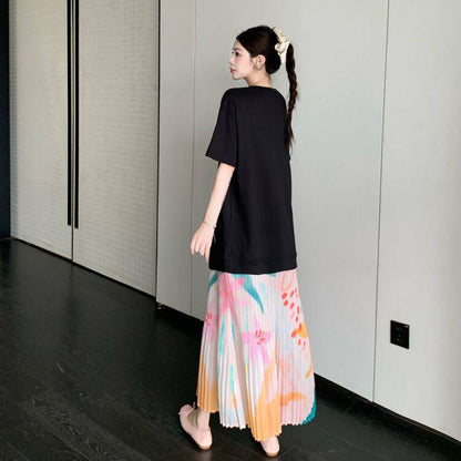 【ワンピース】ゆるっと着るだけで細見え✨大きいサイズ ロングワンピース 半袖 プリーツ裾 切り替えデザイン リゾート風 夏ワンピ【SHシリーズ】