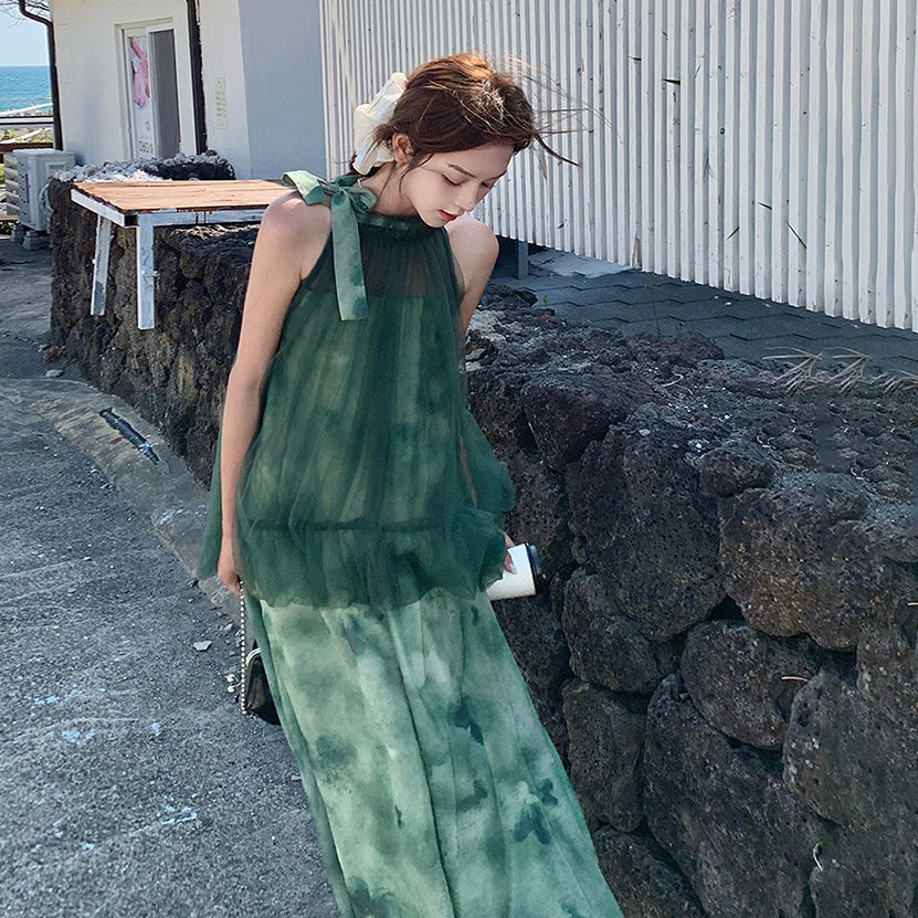 【ワンピース】夏新作  リラックス感漂うリゾートロングドレス 切り替え ノースリーブワンピース【SHシリーズ】