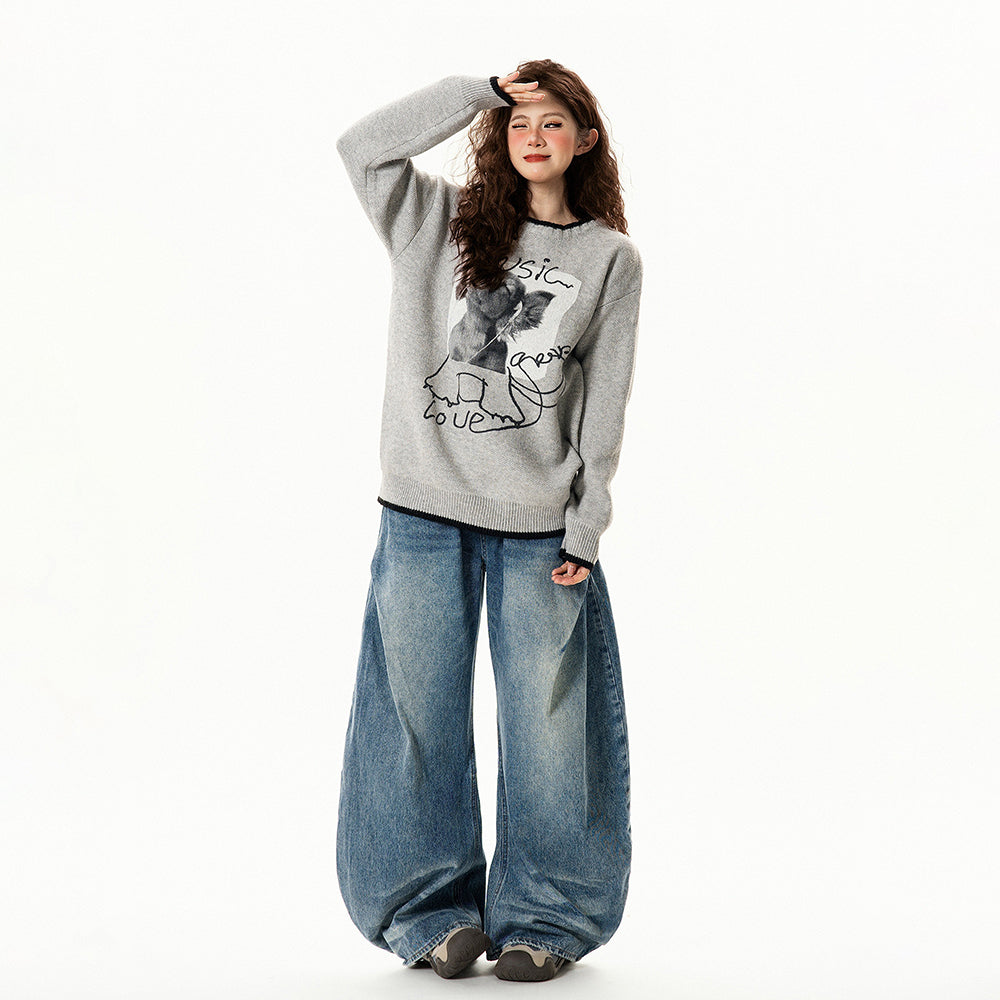 【トップス】レトロ デザイン 小犬柄 クルーネック ニット レディース ゆったり ルーズ 着回し セーター【FCシリーズ】