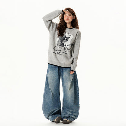 【トップス】レトロ デザイン 小犬柄 クルーネック ニット レディース ゆったり ルーズ 着回し セーター【FCシリーズ】