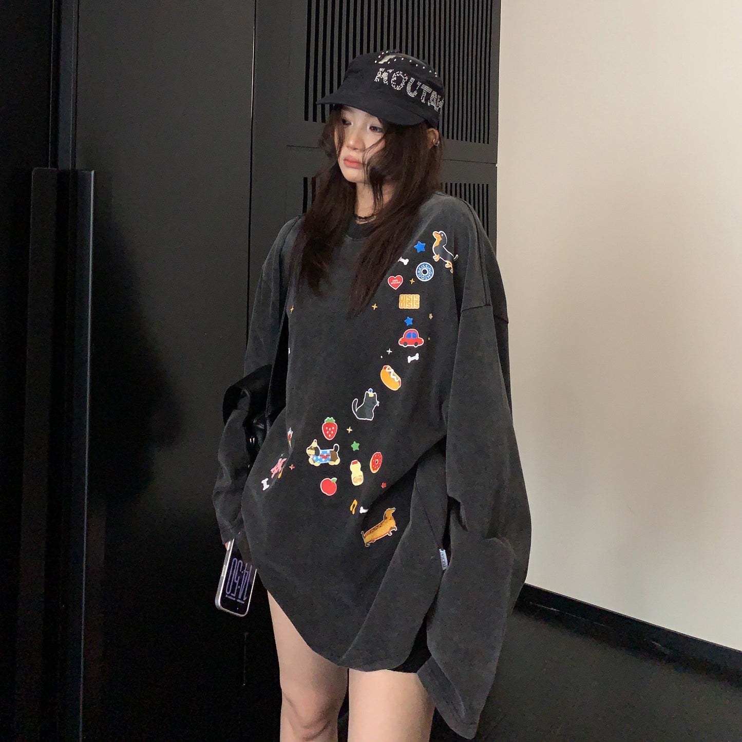 【トップス】古着風グラフィックロンT レディース 落書きプリント 長袖Tシャツ ゆったり ストリート【FCシリーズ】