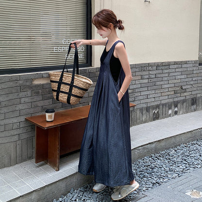 2点セット！【セットアップ】重ね着でおしゃれ ノースリーブ デニムサロペットワンピースセット レディース 夏 学院風 若見え スリム見え 体型カバー【JZシリーズ】