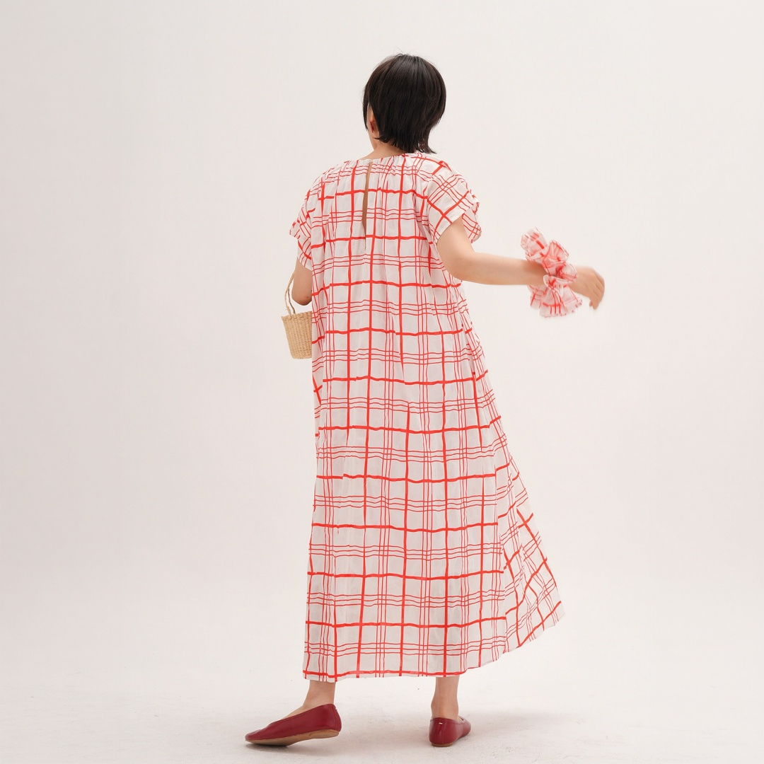 【ワンピース】チェック柄 Vネック ネックリボン付き ウエストマーク リゾート風 半袖 ワンピース 【JZシリーズ】