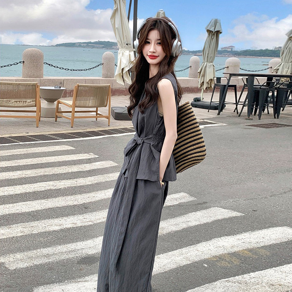 2点セット！【セットアップ】夏 韓国風 通勤 高級感 ジレ＋ワイドパンツ 上下セット【SNシリーズ】【JZシリーズ】