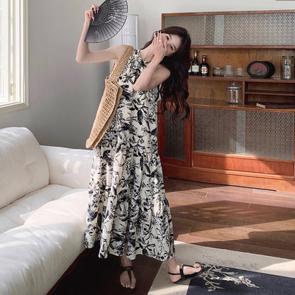 【ワンピース】夏新作 フレンチチャイナ 水墨花柄 ハイネック ノースリーブワンピース【SHシリーズ】