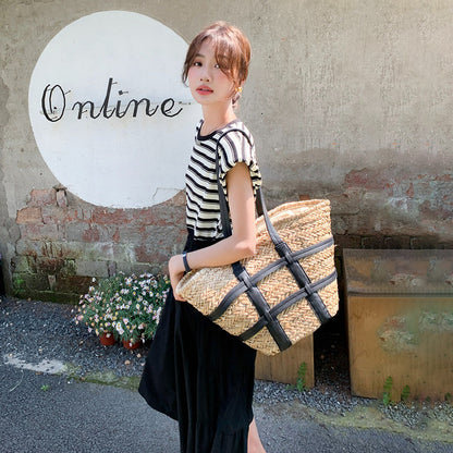 【ワンピース】ストライプ ワンピース レディース 夏 レイヤード風 半袖 ロングワンピース 細見え ウエストマーク 人気 フレンチ風【SHシリーズ】
