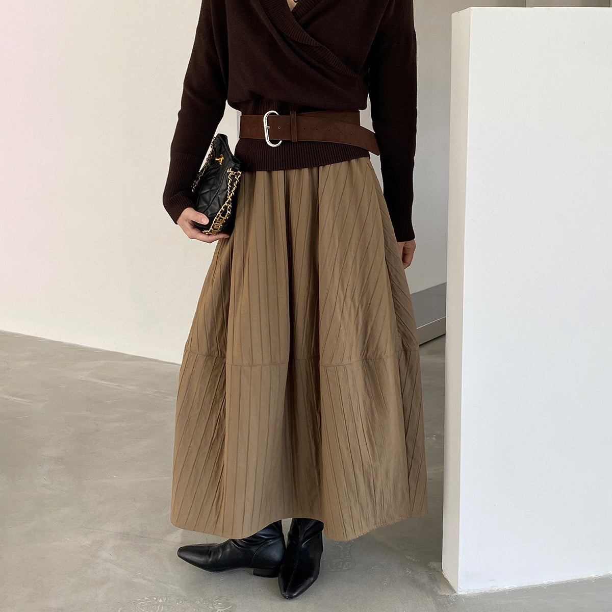 4カラー【ボトムス】ハイウエスト＆バルーンシルエット⭐️あったか中長スカート レディース 春秋冬 花苞デザイン【JZシリーズ】