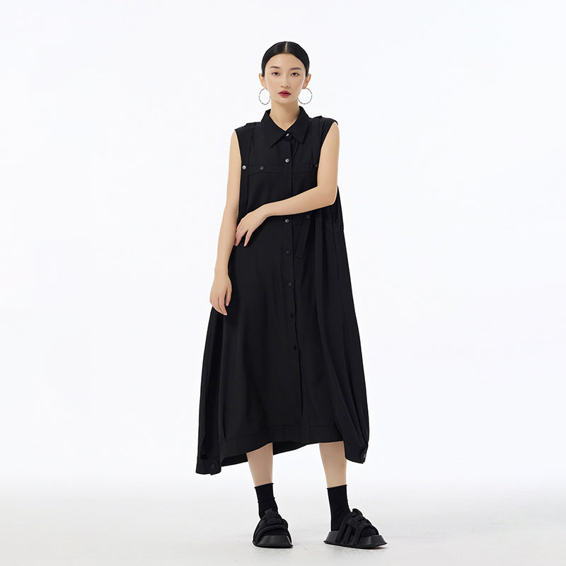 【ワンピース】ワンピース 夏 ノースリーブ ボタン付き ロング丈 ゆったり 体型カバー 細見え 落ち感 上品 カジュアル 日系ファッション【AHシリーズ】