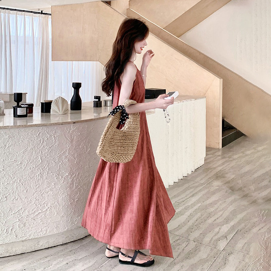 【ワンピース】フレンチ風 ノースリーブピンクワンピース 夏 細見えエレガント ロングドレス【JZシリーズ】