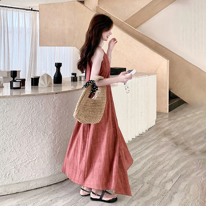 【ワンピース】フレンチ風 ノースリーブピンクワンピース 夏 細見えエレガント ロングドレス【JZシリーズ】