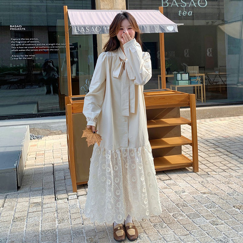 【ワンピース】フレンチエレガント レース切替 長袖ワンピース レディース デザイン性 優しげムード リボン付きロングドレス【JZシリーズ】
