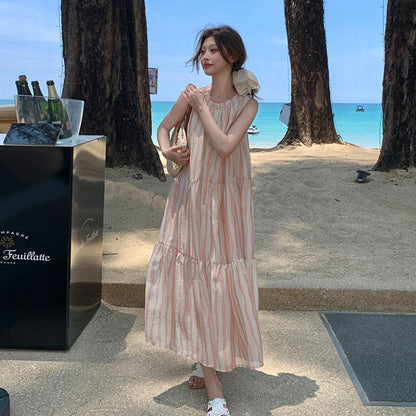 【ワンピース】夏 アート感 都市リゾート風 ピンクストライプ ノースリーブワンピース【SHシリーズ】