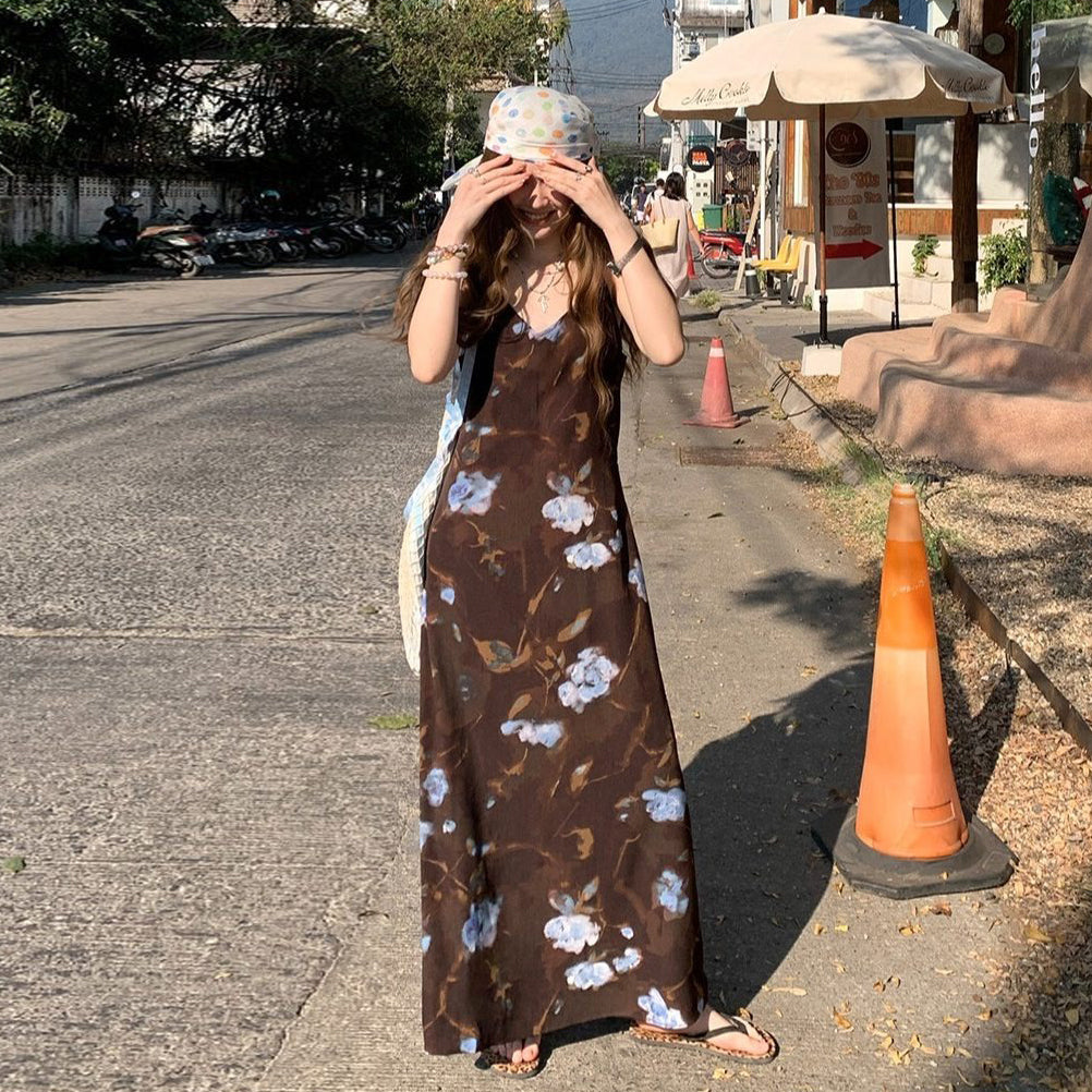 M~4XL【セットアップ】【単品注文】フレンチ花柄キャミワンピース レディース 大きいサイズ 夏 Aライン ロング丈 ウエストマーク リゾートコーデ【SHシリーズ】