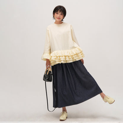 【トップス】無地 フリル ブラウス シャツ レディース ゆったり 体型カバー 大きいサイズ ミディアム丈 長袖 シャツ デザイン感 トップス【JZシリーズ】