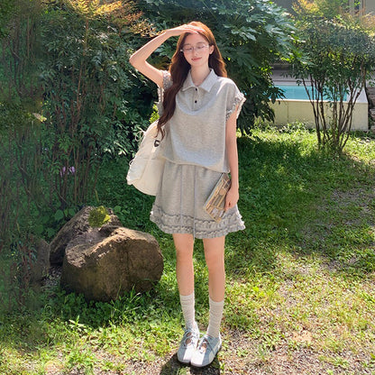 2点セット！【セットアップ】韓国風 ライトグレー上下セット レディース 夏 フリル半袖ブラウス スカート 大人可愛い【JZシリーズ】