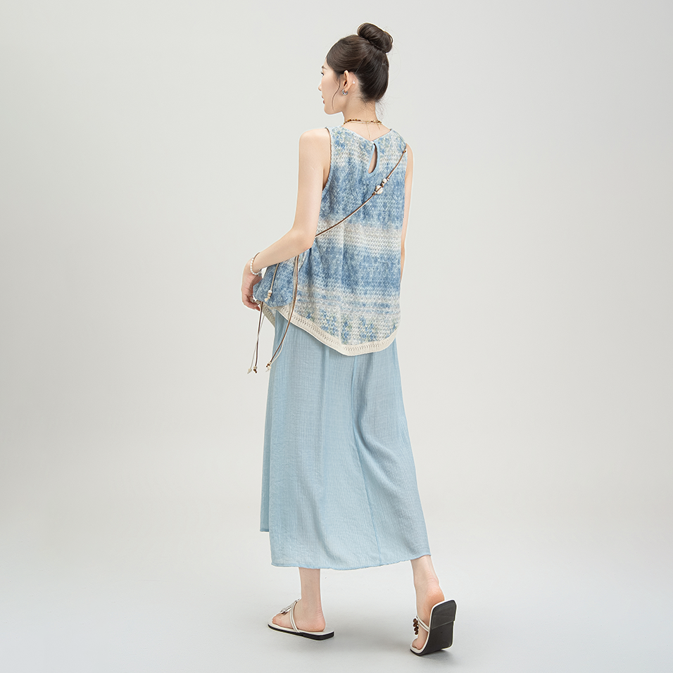 【ワンピース】リゾート風 夏新作 アシンメトリー ストライプタイダイ フェイクレイヤード ノースリーブワンピース【SHシリーズ】