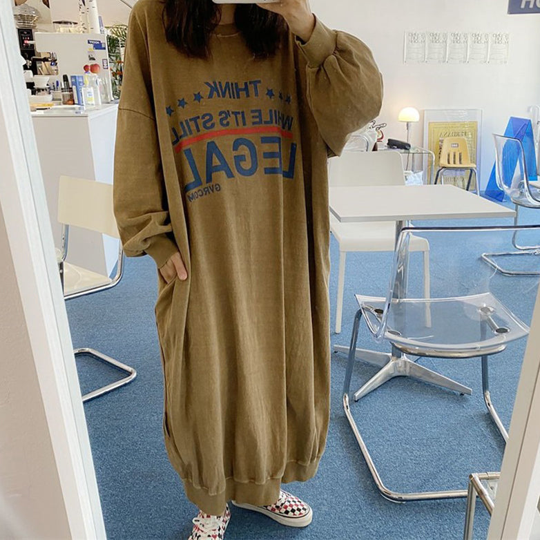 【24AW】【ワンピース】ゆったり 大きいサイズ ラウンドネック 長袖ワンピース