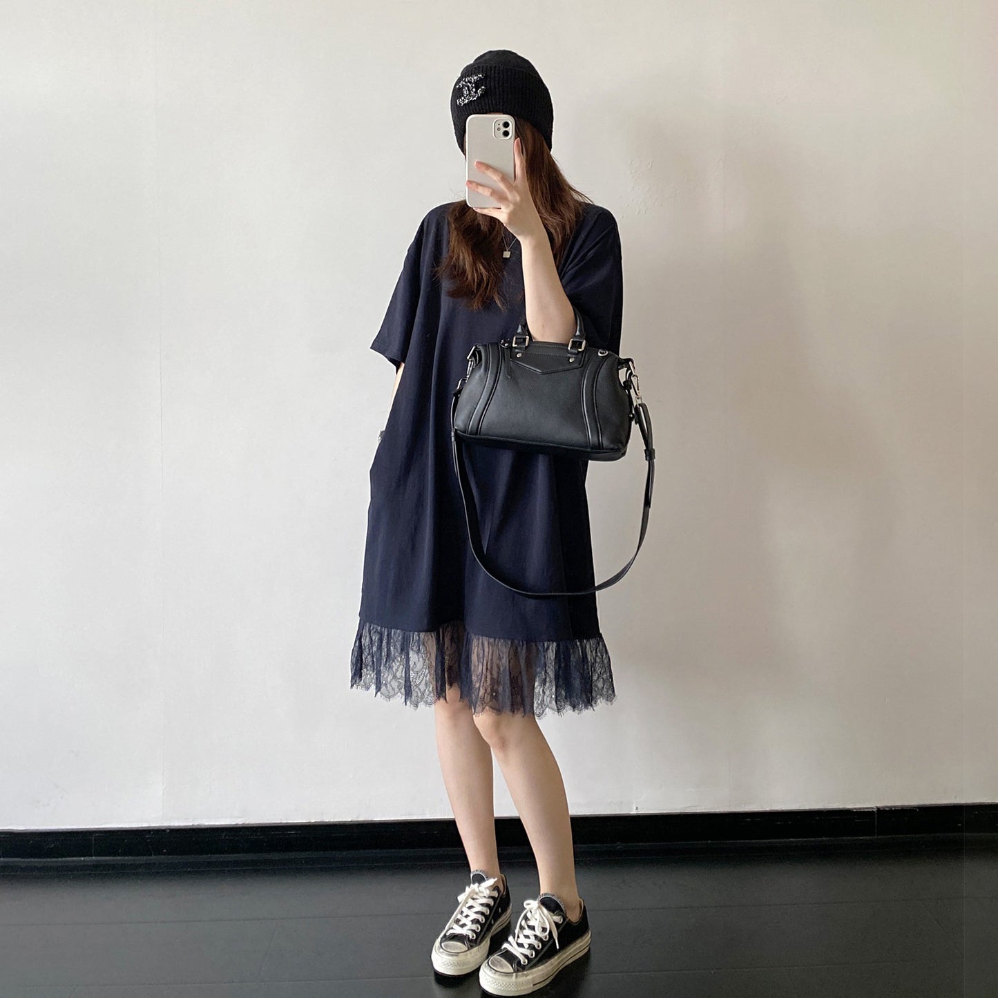 【ワンピース】レース切替Tシャツワンピース レディース 半袖 ゆったり ドロップショルダー リラックス ロング丈 夏【FCシリーズ】