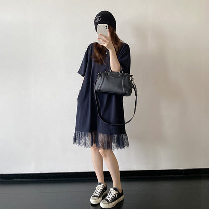 【ワンピース】レース切替Tシャツワンピース レディース 半袖 ゆったり ドロップショルダー リラックス ロング丈 夏【FCシリーズ】