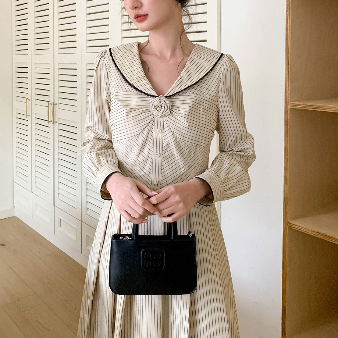 【ワンピース】春 秋 セーラーカラー ストライプ デザイン感 ロング丈 長袖 ワンピース 【JZシリーズ】