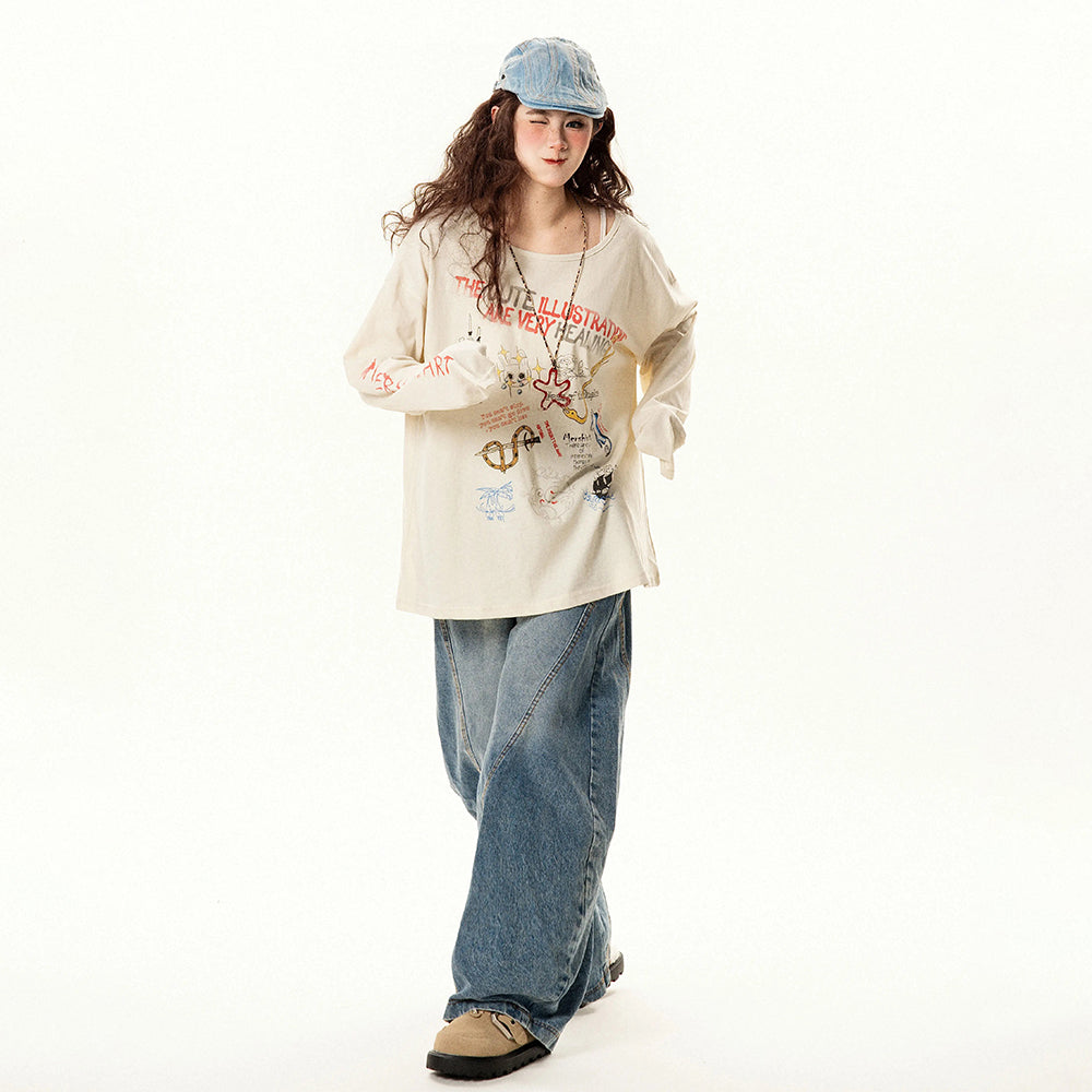 【トップス】ゆったり 趣味落書き風 ラウンドネック 長袖Tシャツ レディース 夏 薄手 カジュアル【FCシリーズ】【15〜20日発送】